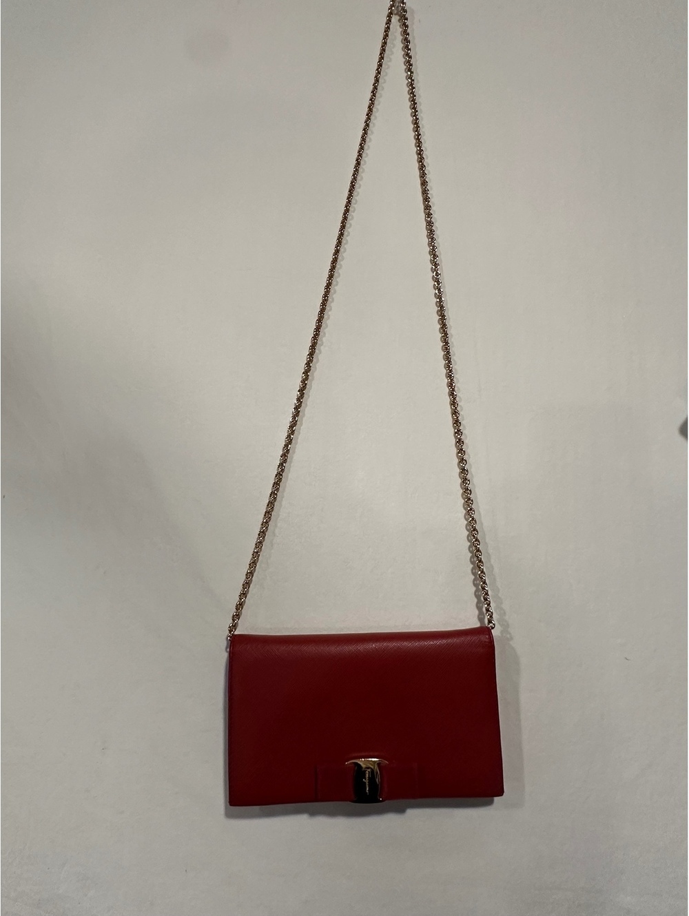 Salvatore Ferragamo Vara Bow Wallet Crossbody Removable Chain Red Saffiano Italy - Picture 10 of 10